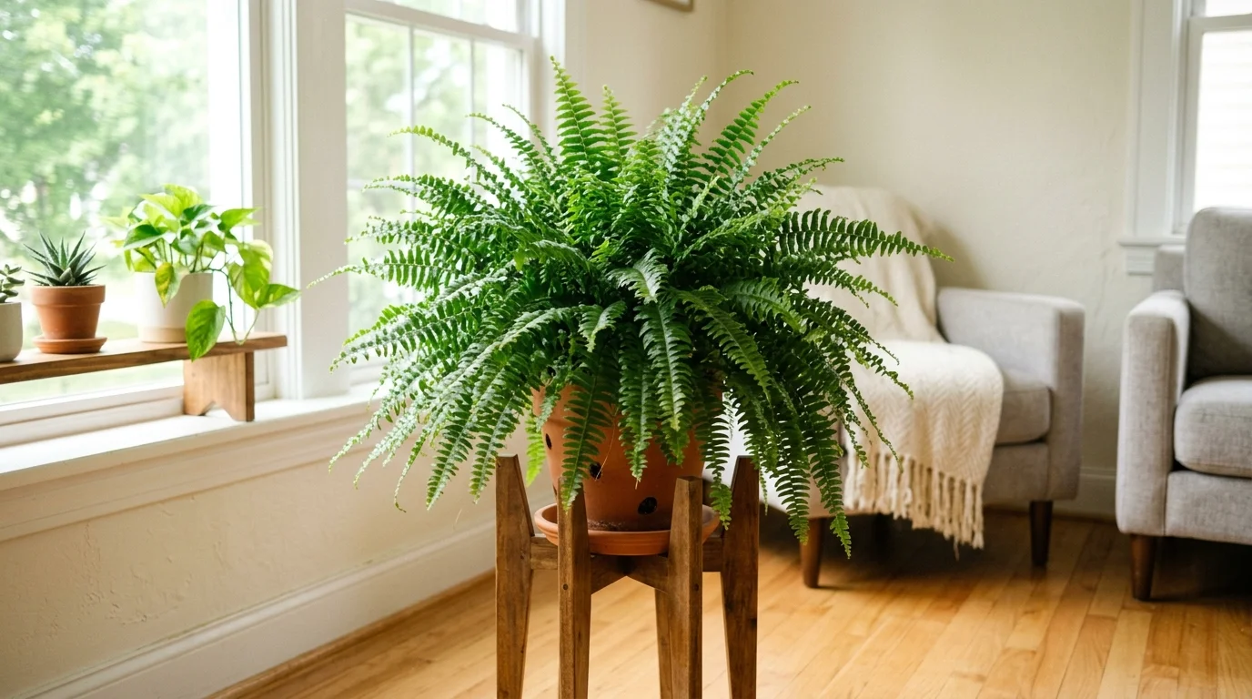 A Boston fern with lush feathery fronds placed on a plant stand bright natural lighting vibrant refreshing indoor look no people