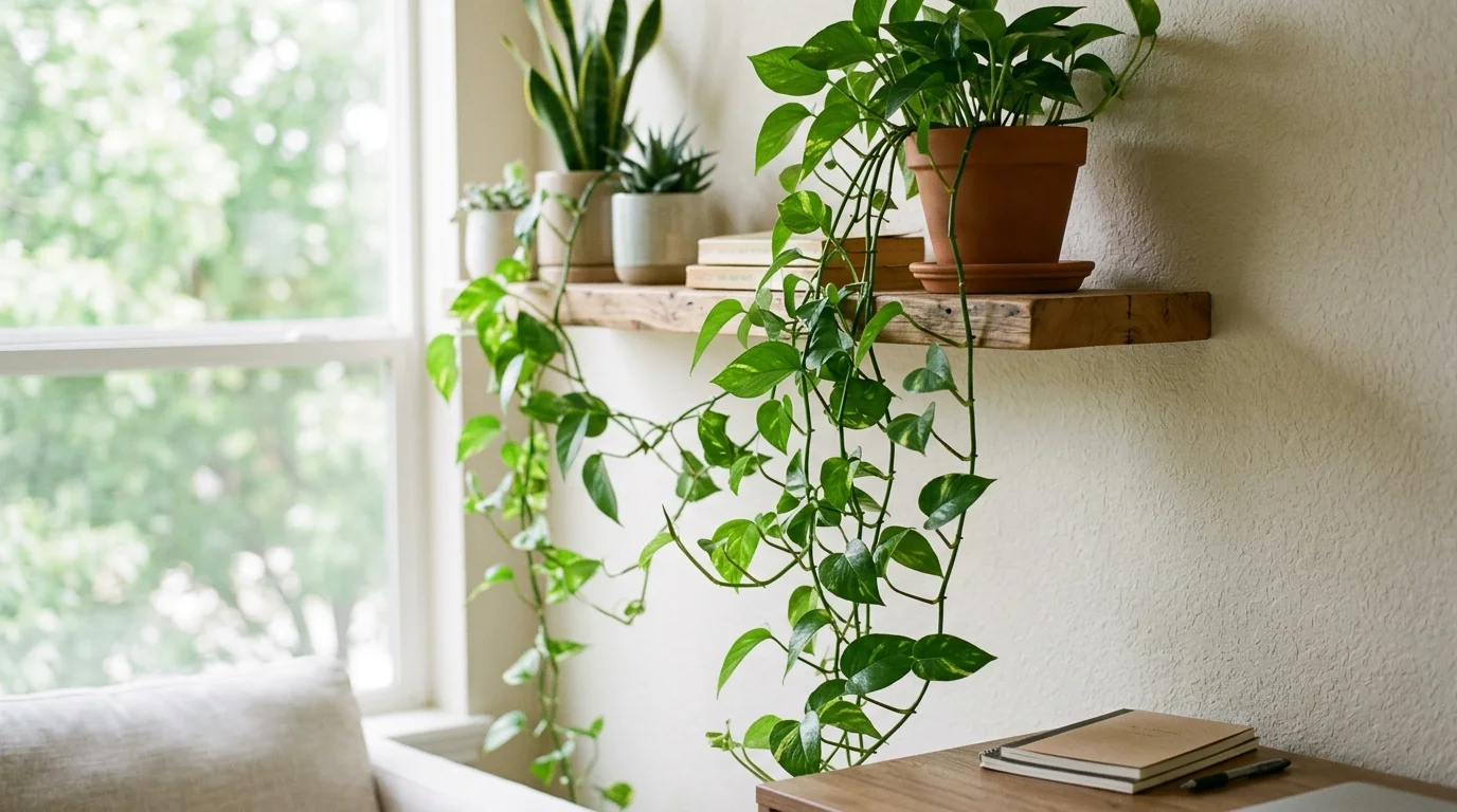 A pothos plant trailing from a shelf with cascading vines bright daylight easy care greenery enhancing indoor air quality no people