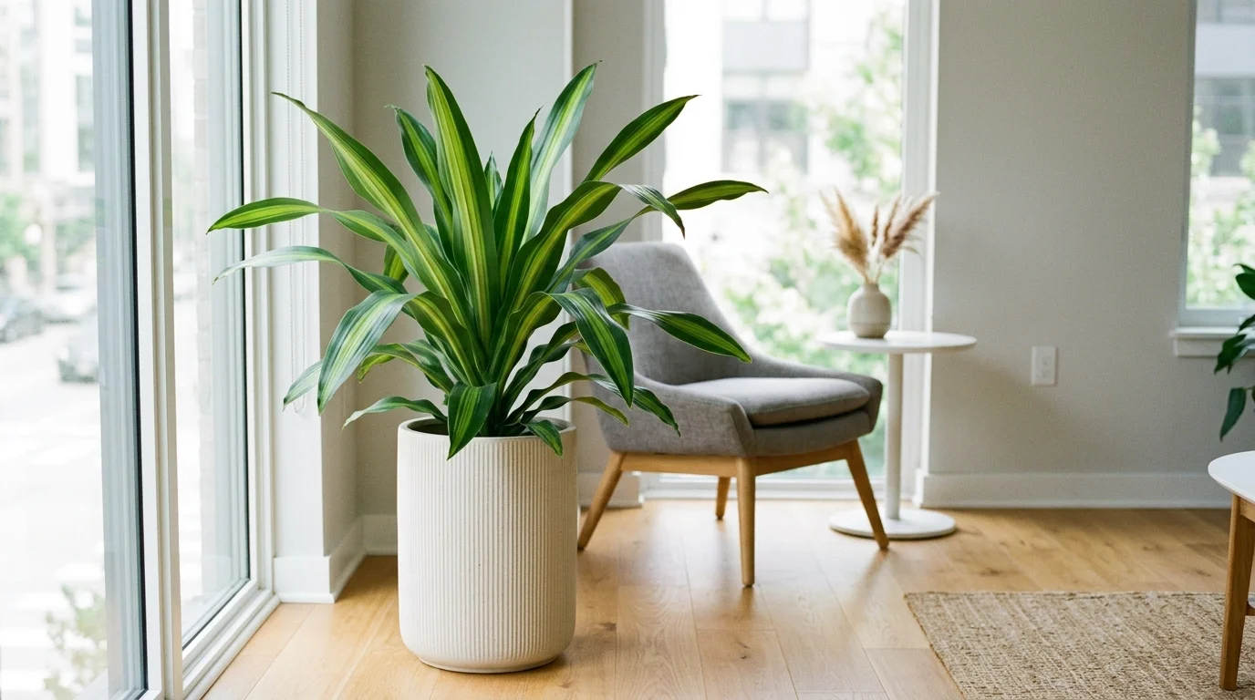 A dracaena plant with long striped leaves in a tall planter placed in a room bright lighting modern air purifying decor no people