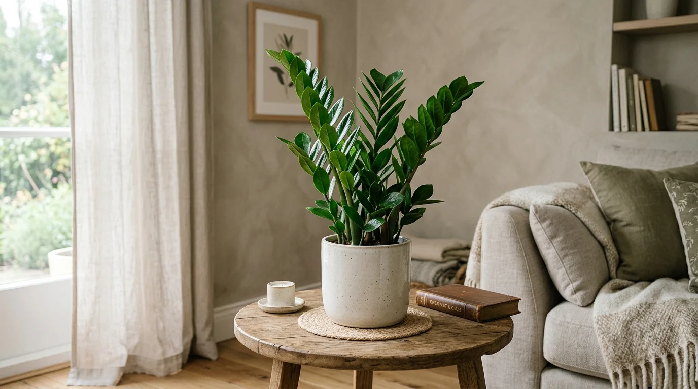 A ZZ plant with glossy dark green leaves placed on a side table soft lighting elegant low maintenance greenery no people