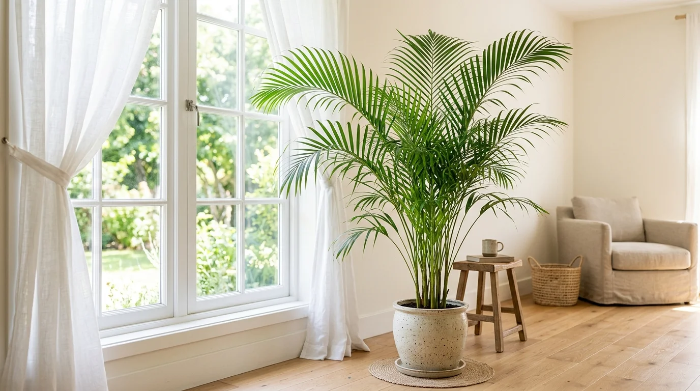 A areca palm with feathery leaves placed near a window bright natural light airy fresh indoor feel no people
