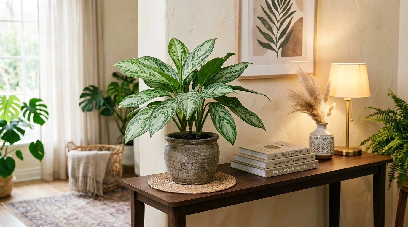 A Chinese evergreen plant with patterned leaves placed on a console table soft lighting decorative air cleaning plant no people