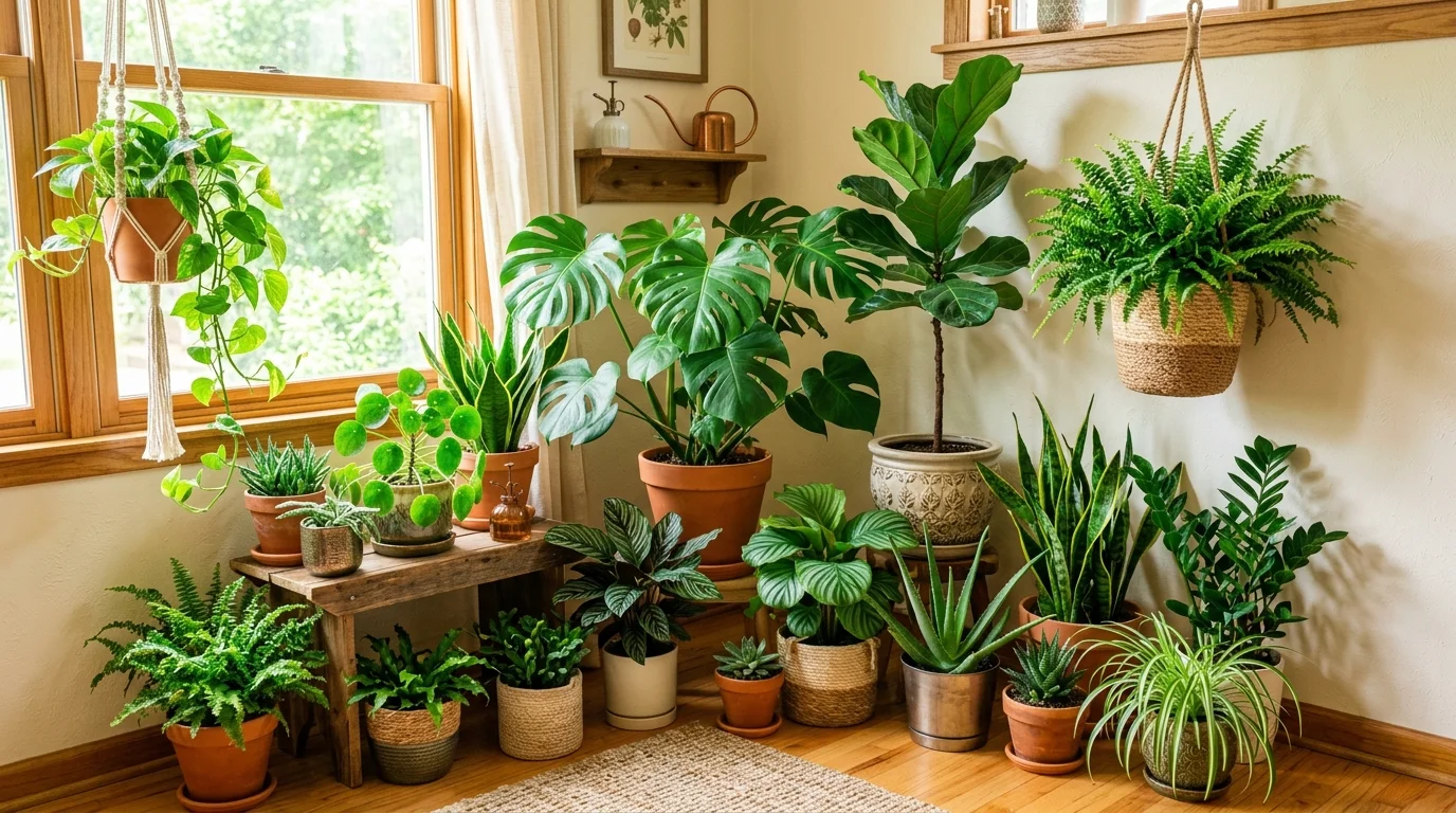 A group of assorted indoor plants arranged together in a corner forming a mini indoor garden bright natural daylight lush oxygen boosting environment no people