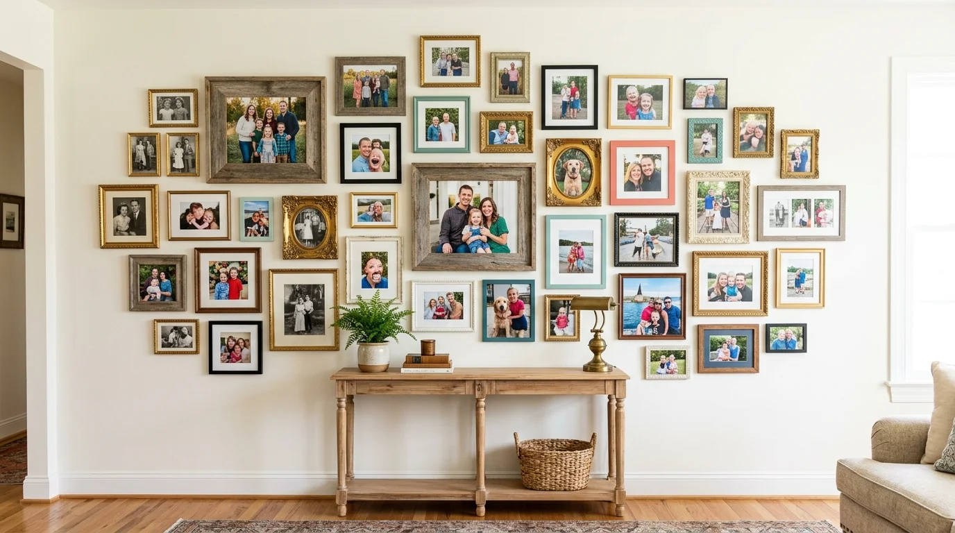 A wall with mismatched frames in different sizes holding family photos arranged creatively bright lighting eclectic personalized gallery no people