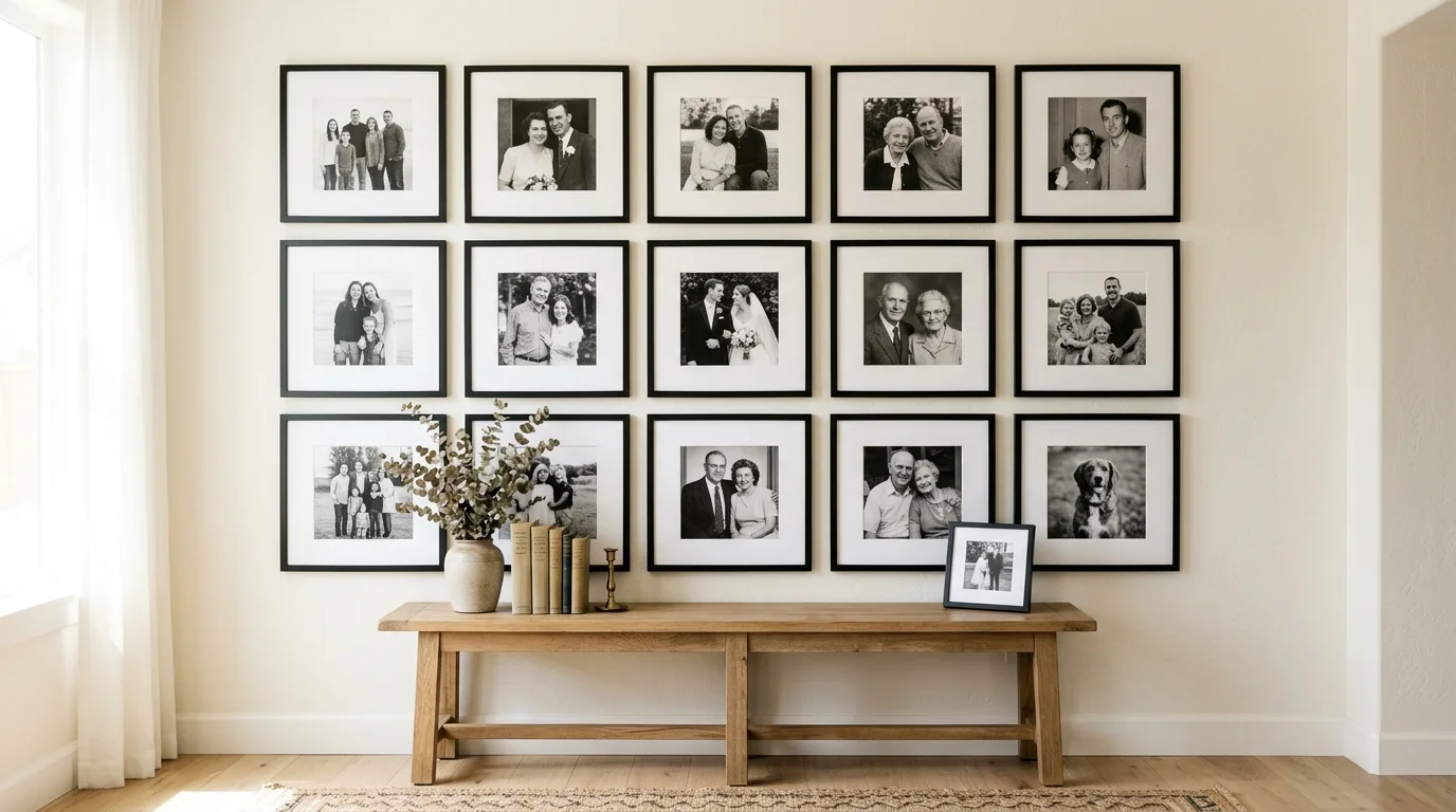A display with black and white family photos in uniform frames arranged neatly bright natural light timeless elegant look no people