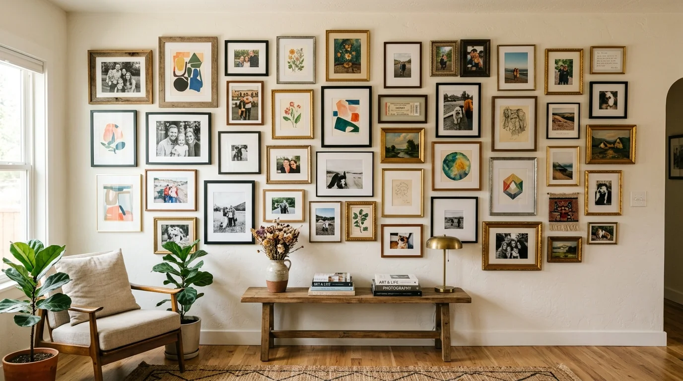 A wall with a mix of photos and artwork creating a layered gallery display bright lighting artistic personal decor no people