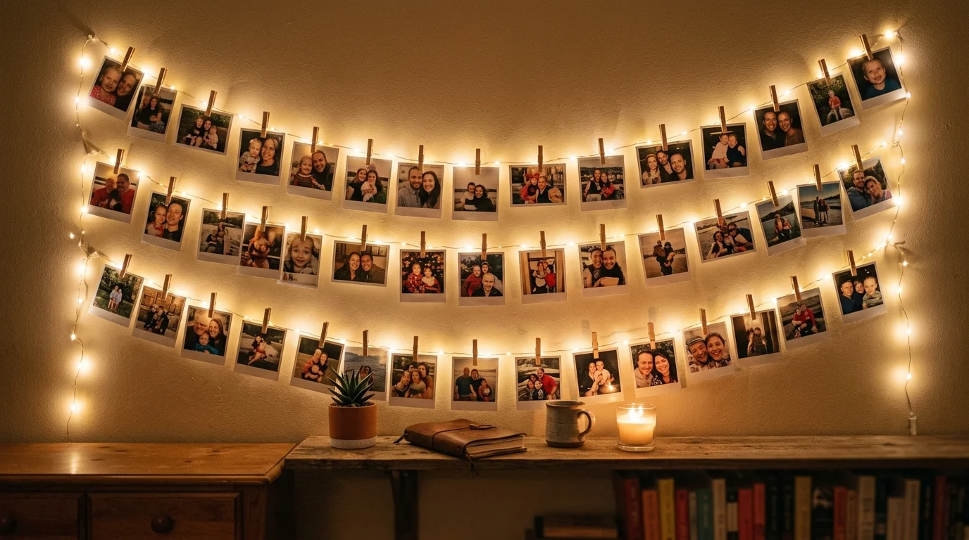 A string light photo display with clipped family pictures glowing softly warm ambient lighting cozy intimate gallery no people