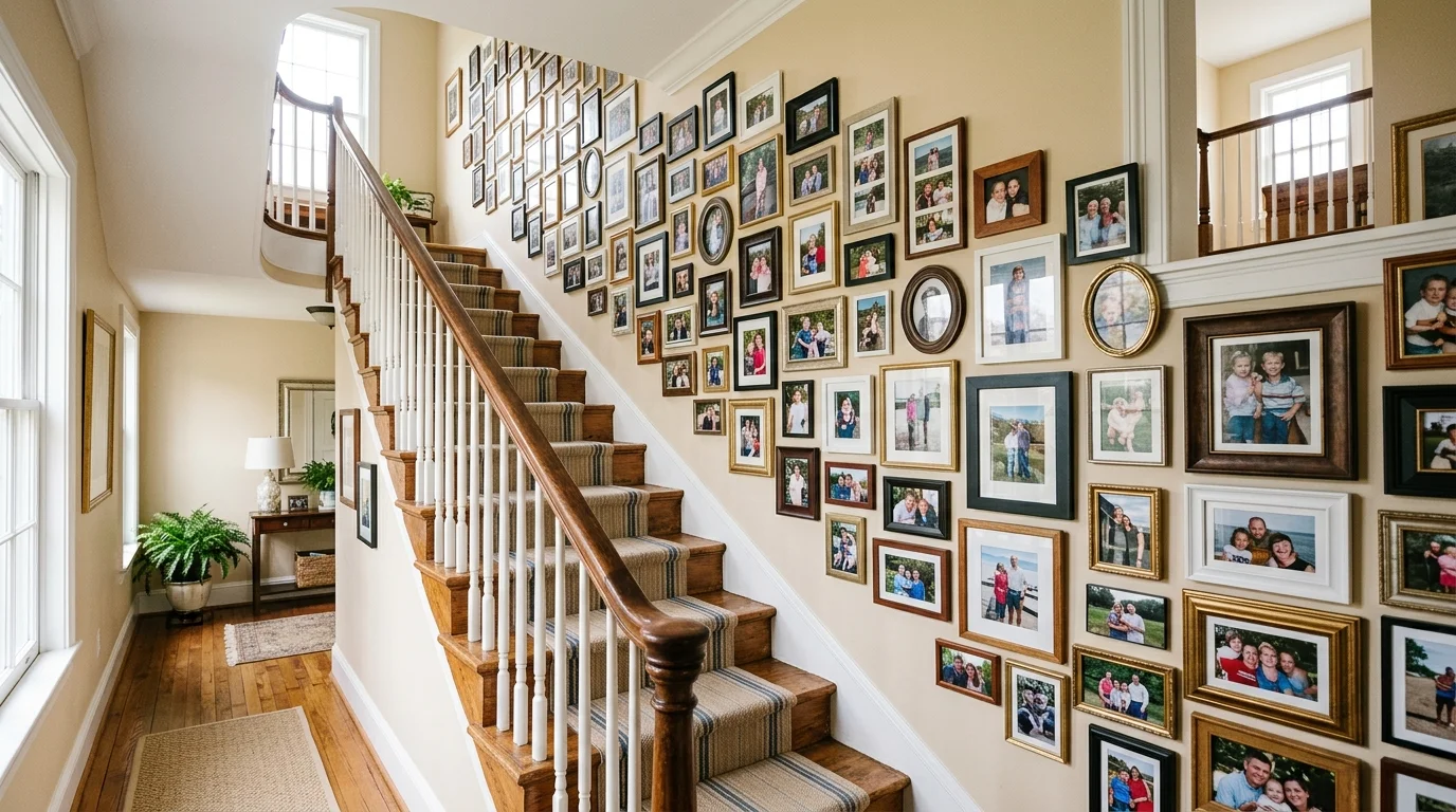 A staircase wall lined with framed family photos following the angle of the stairs bright natural daylight dynamic visual storytelling no people