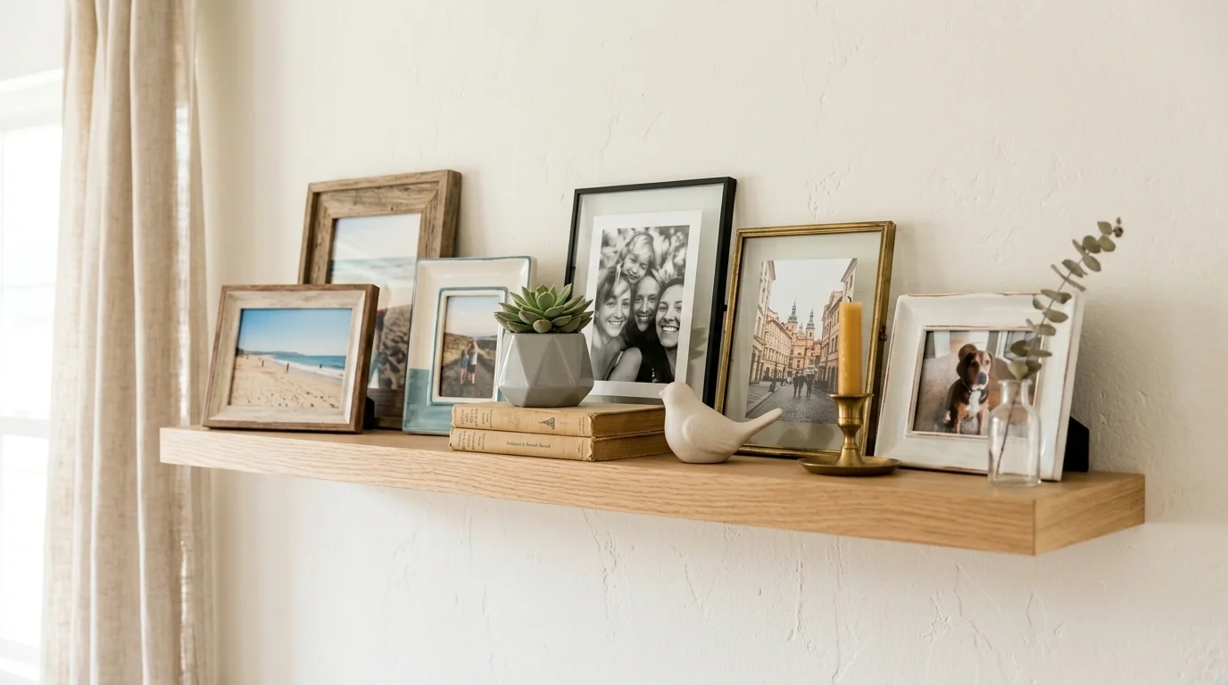 A shelf with framed photos and small decor items arranged neatly bright lighting flexible evolving display no people