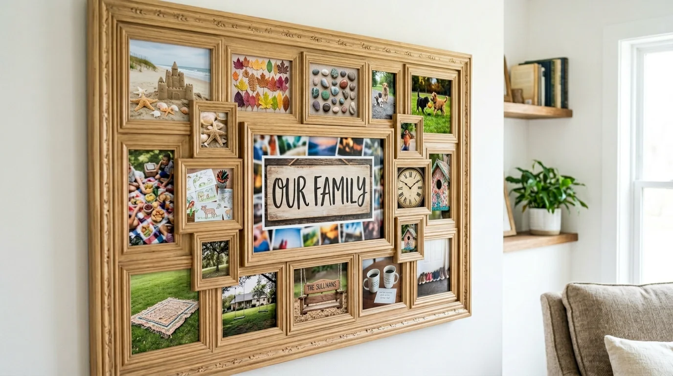 A large statement frame collage featuring multiple family photos in one piece bright lighting bold personal focal point no people