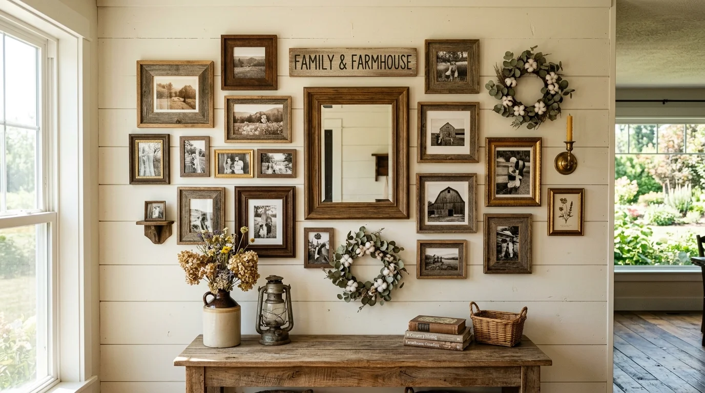 A wall with wooden frames and rustic decor elements bright natural daylight warm farmhouse style photo display no people