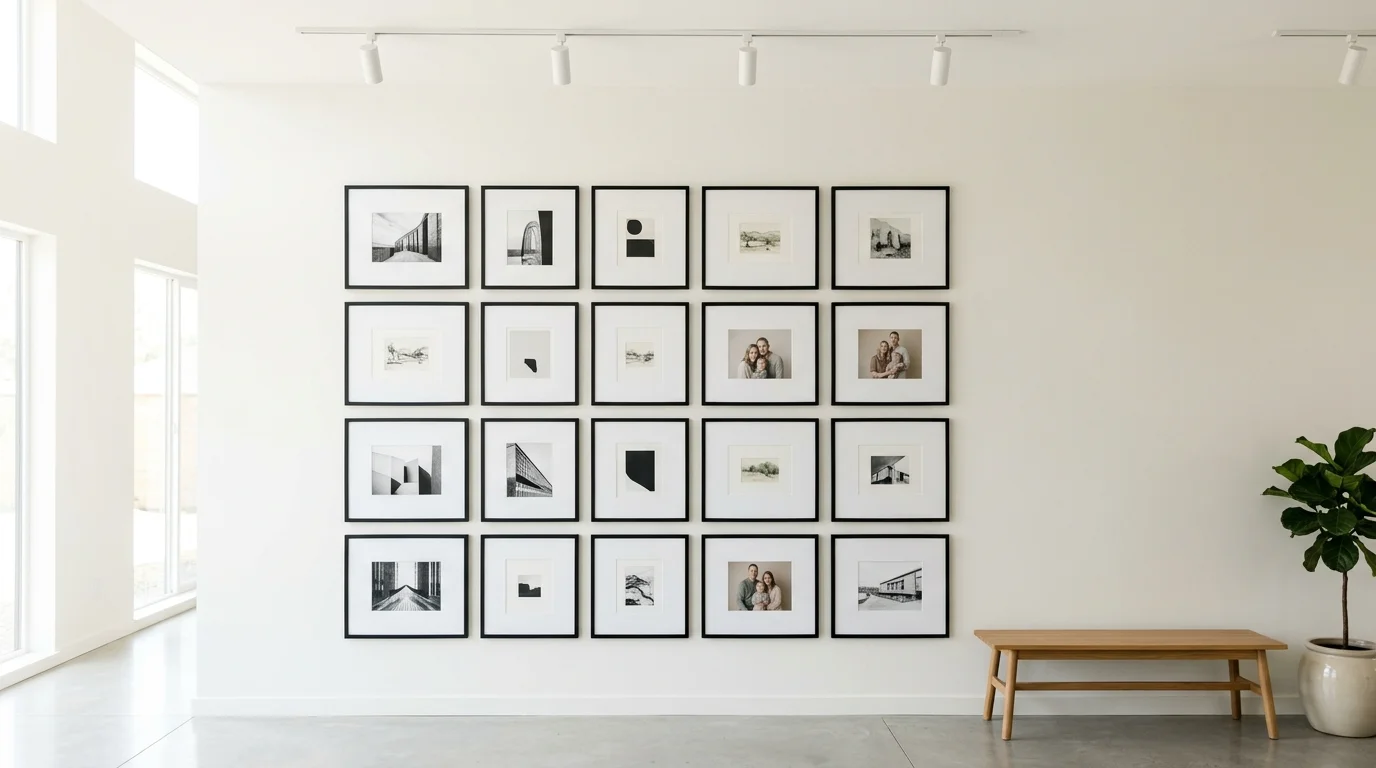 A modern display with sleek frames arranged in a clean grid bright lighting minimalist personal gallery no people