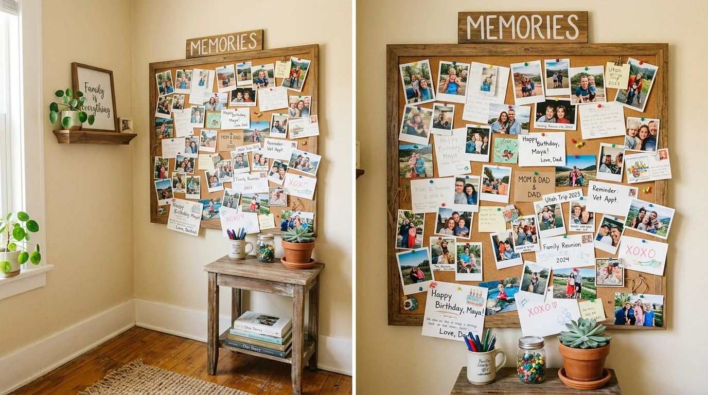 A corner with a photo board pinned with family pictures and notes bright lighting casual personalized decor no people