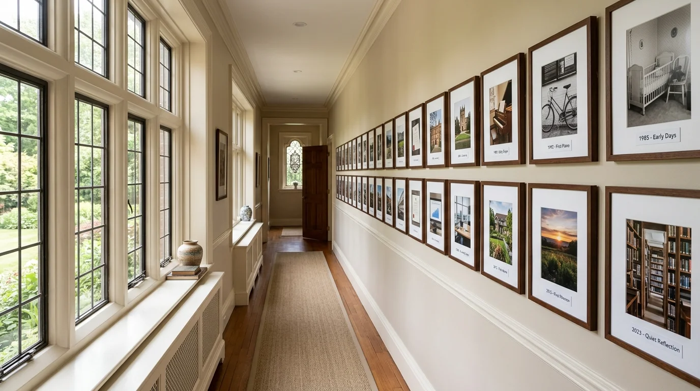 A hallway with evenly spaced photo frames creating a timeline effect bright natural daylight meaningful visual journey no people