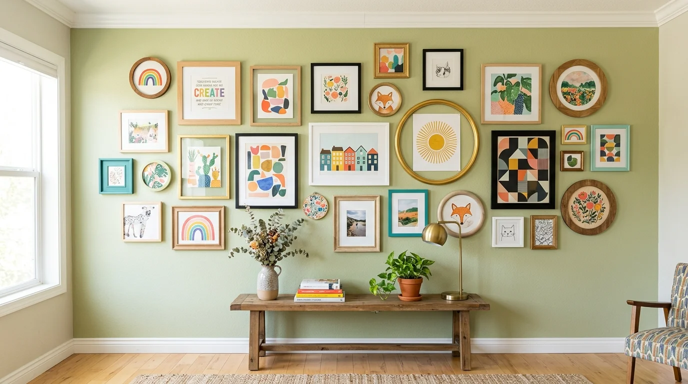 A wall with mixed shapes of frames including round and square designs bright lighting playful creative display no people