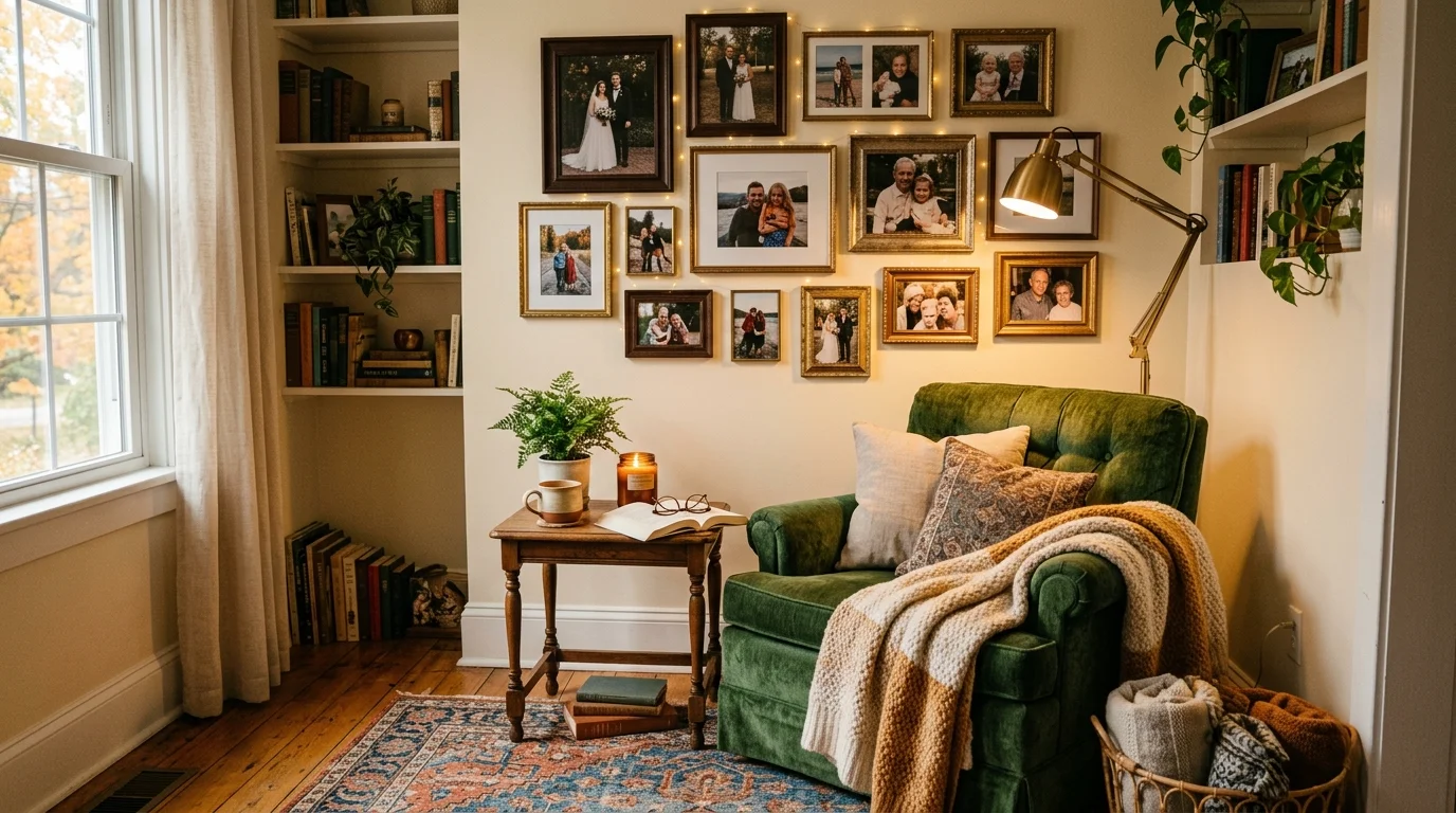 A cozy nook with a small gallery of family photos above a seating area warm lighting inviting personal space no people