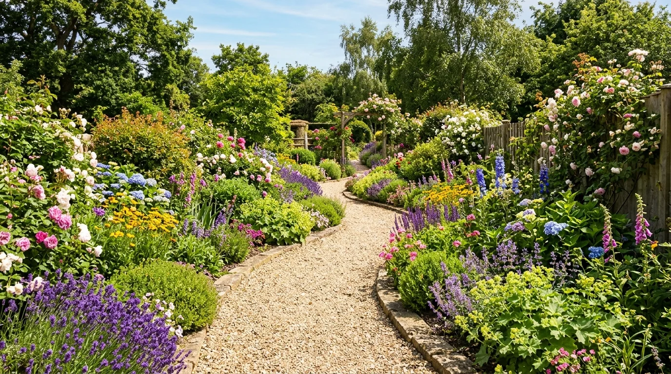 A winding gravel pathway bordered with colorful flowers and low shrubs bright sunlight charming garden walkway aesthetic no people