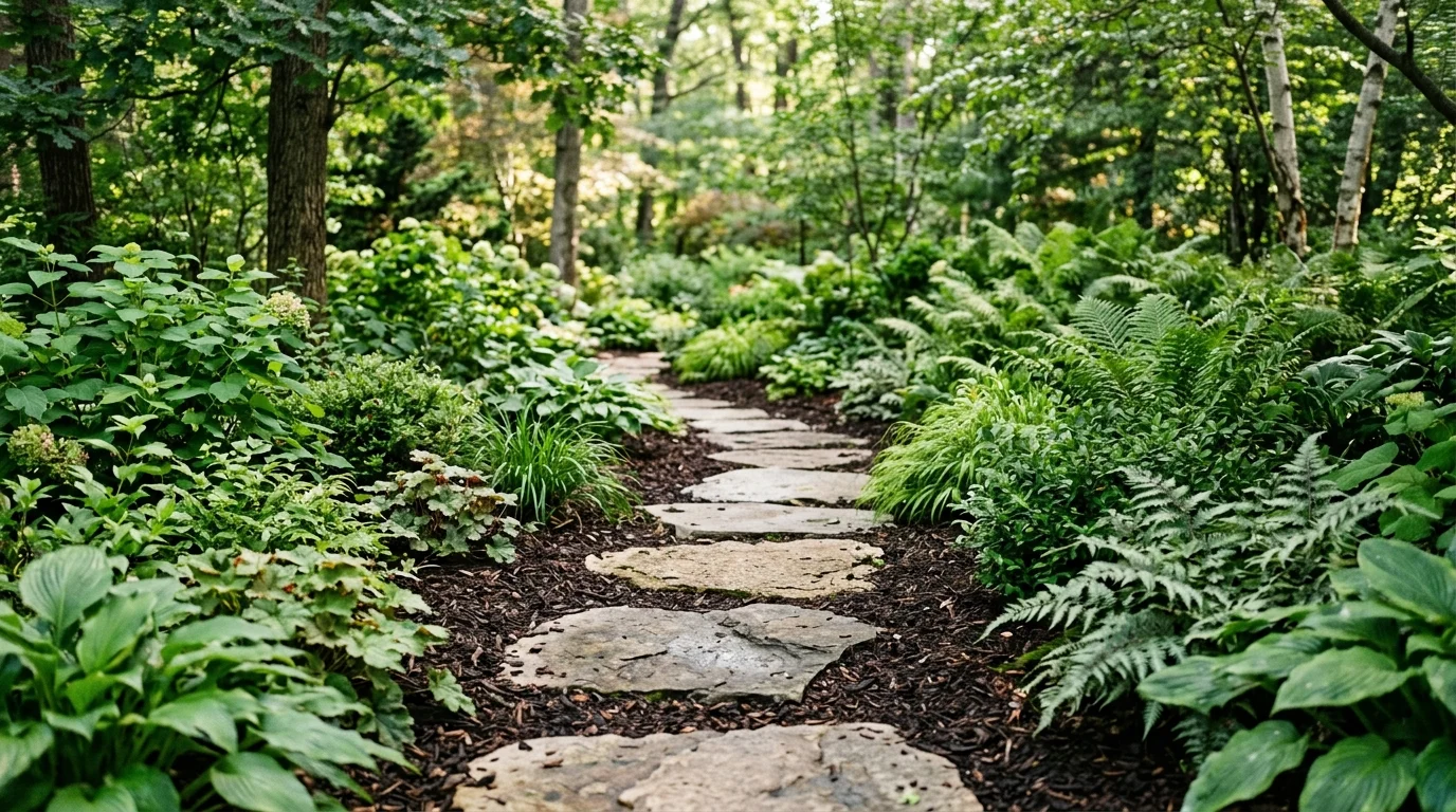 A pathway made of large stepping stones surrounded by mulch and greenery soft natural lighting balanced organic design no people
