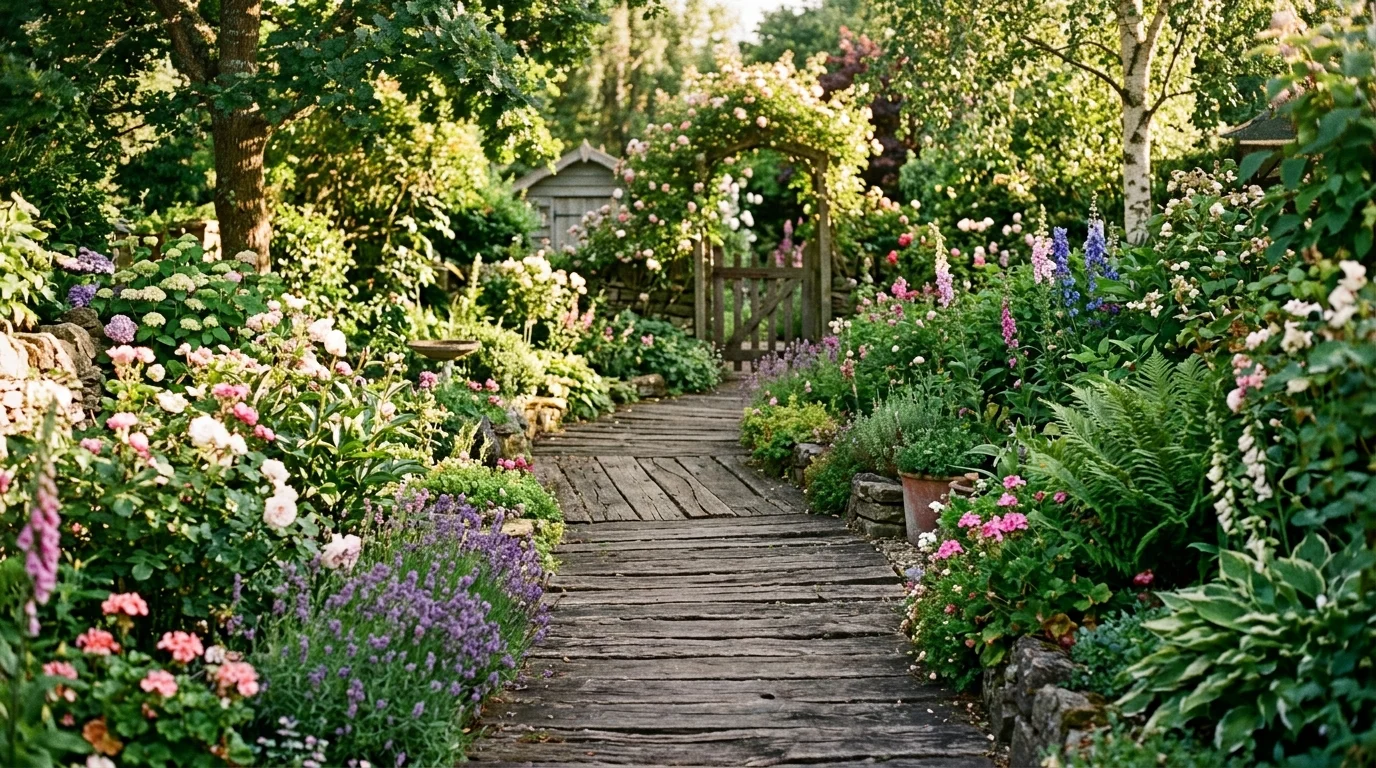 A rustic wooden plank pathway leading through a garden with plants on both sides warm natural light cozy outdoor feel no people