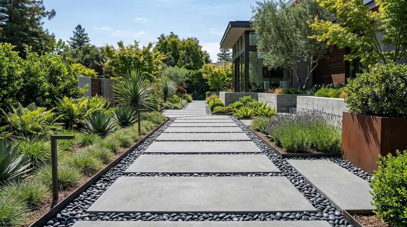 A modern pathway with concrete slabs and black pebbles arranged in a geometric pattern bright daylight sleek contemporary garden design no people