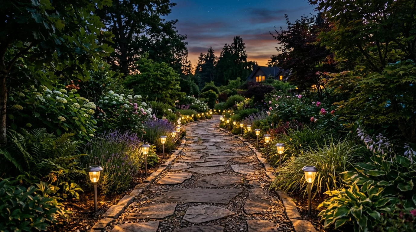 A pathway lined with solar garden lights illuminating the edges during dusk soft glowing lighting magical evening garden walkway no people