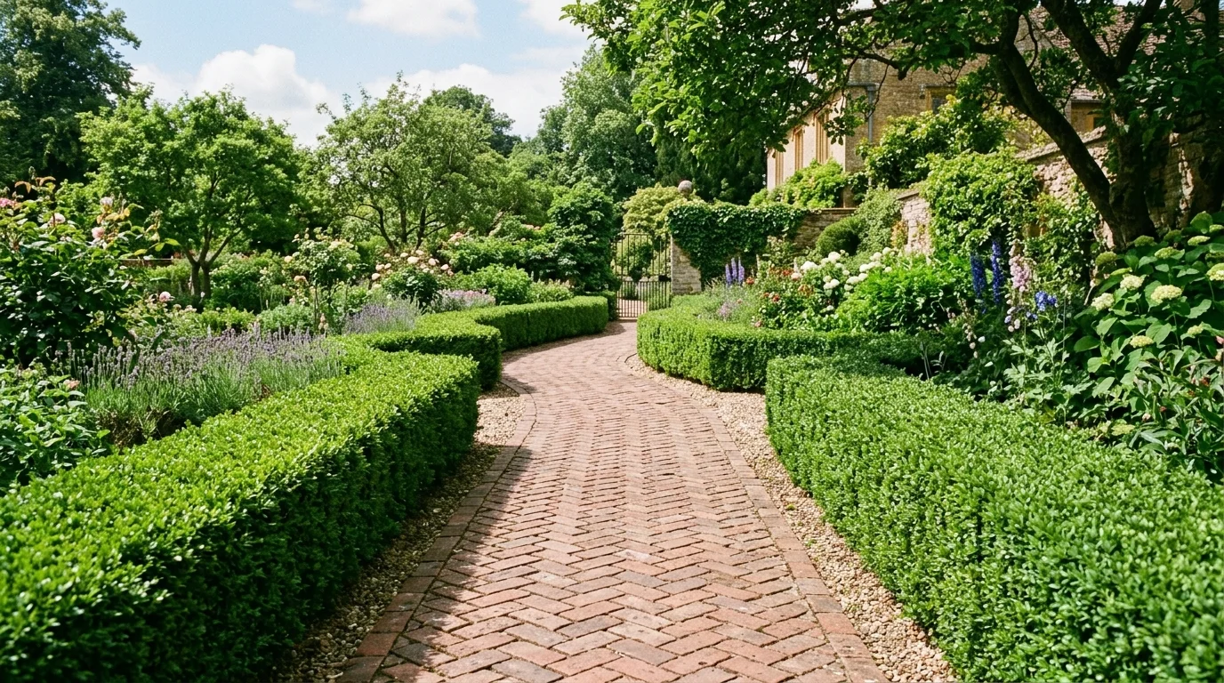 A brick pathway with classic pattern surrounded by trimmed hedges bright natural light timeless elegant outdoor style no people