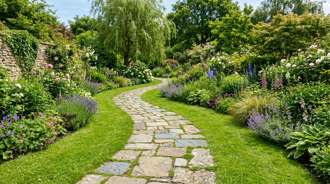 A curved pathway made of irregular flagstones set in grass bright natural daylight natural flowing garden design no people