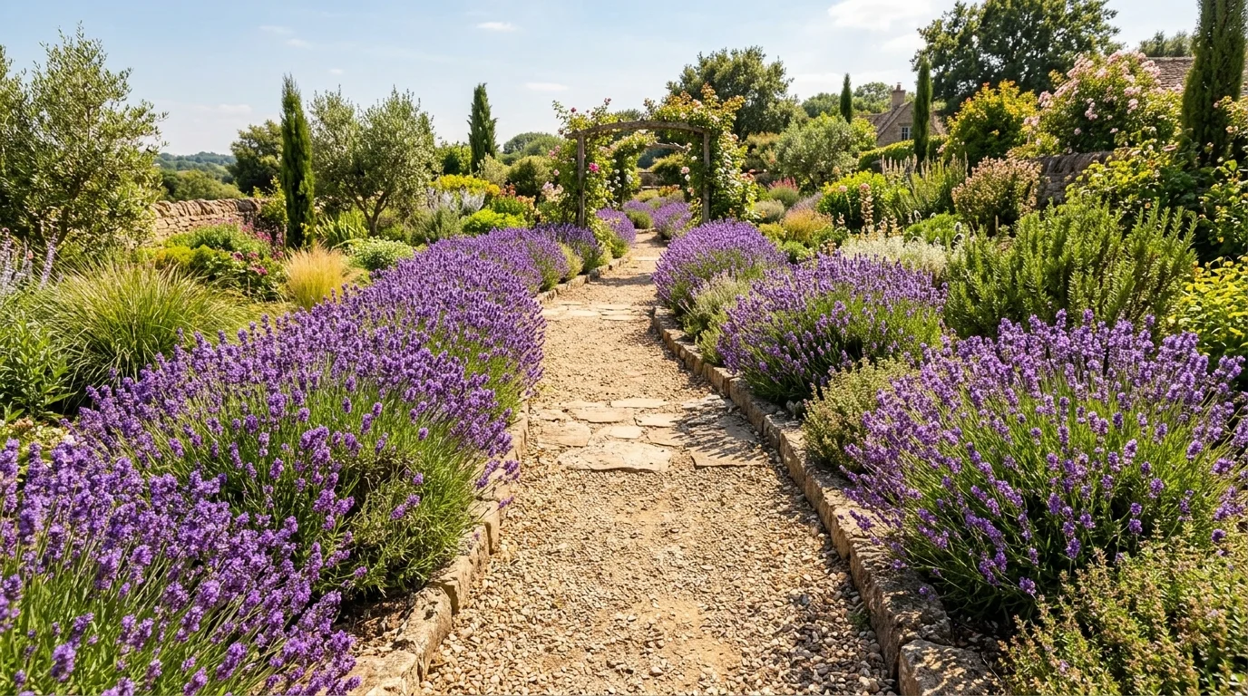 A pathway bordered with lavender plants creating a fragrant and colorful walkway bright sunlight relaxing sensory garden experience no people
