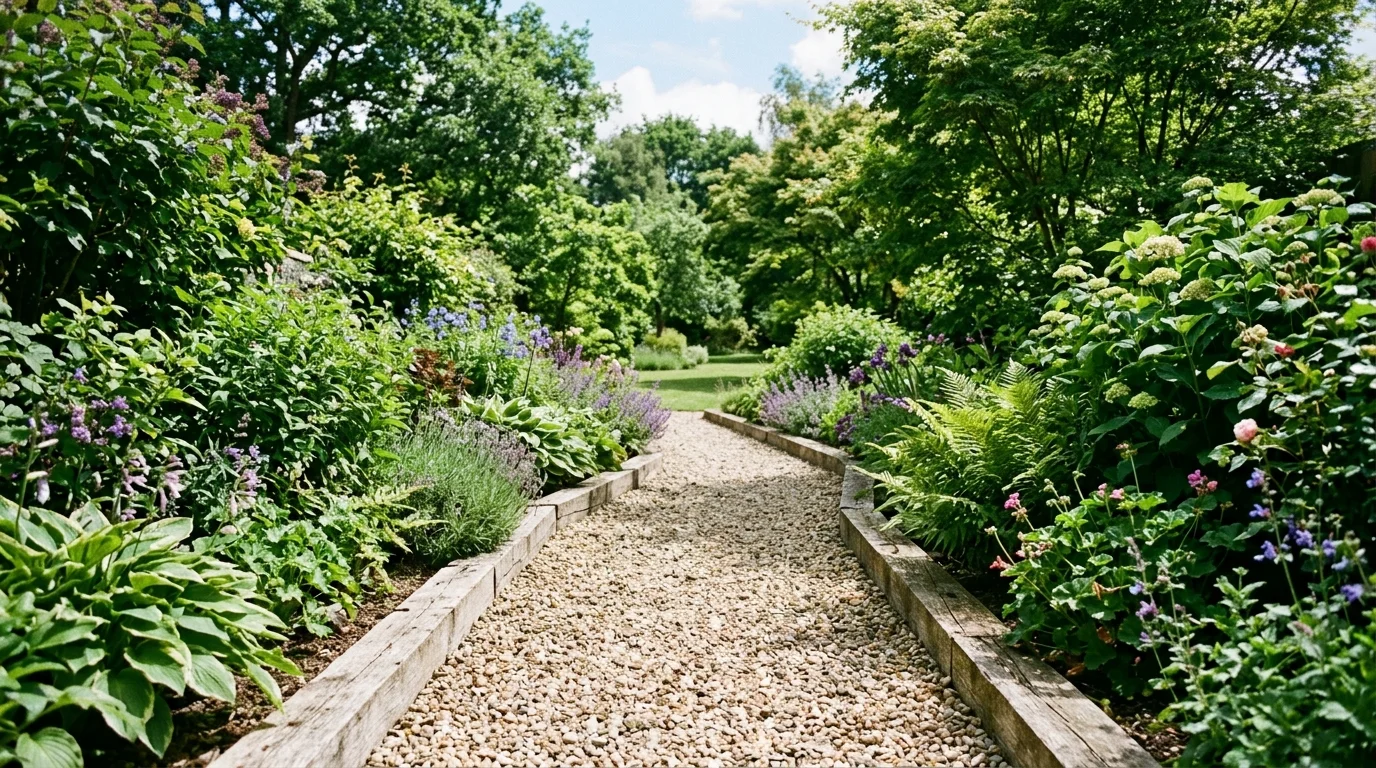 A garden path with wooden edging and gravel center lined with greenery bright natural light simple structured layout no people