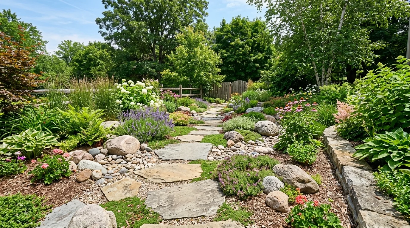 A stepping stone pathway crossing a small garden area with decorative rocks and plants bright daylight creative landscape design no people