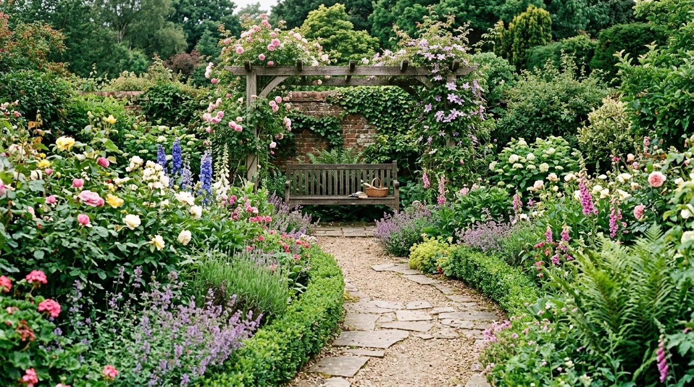 A pathway leading to a garden bench surrounded by flowers and greenery soft natural lighting peaceful inviting outdoor space no people