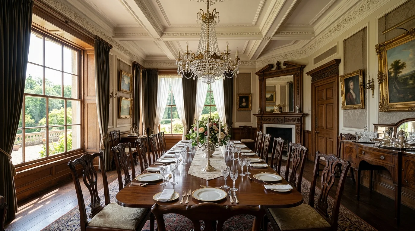 A formal dining room with a long wooden table classic chairs and a chandelier overhead bright natural daylight elegant historic design no people