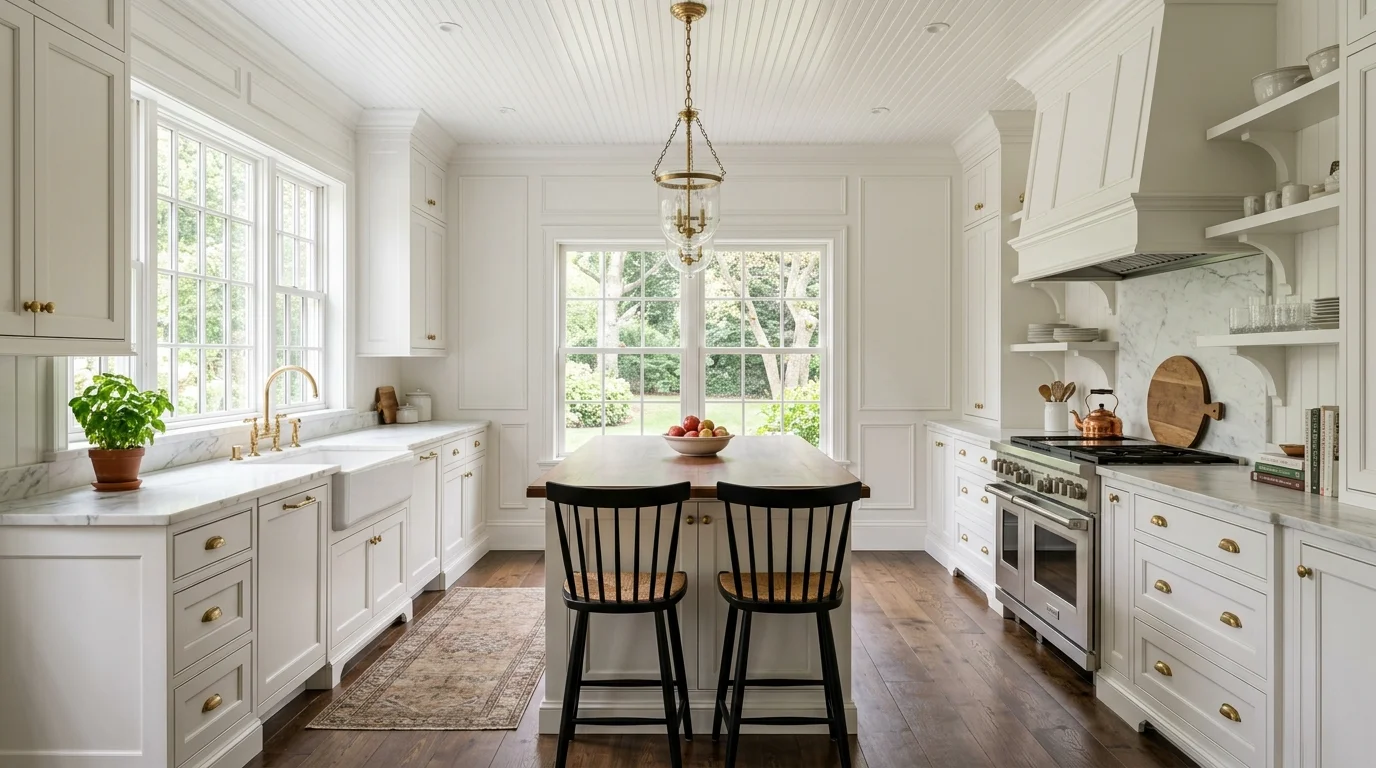 A kitchen with white cabinetry brass hardware and classic paneling bright natural light refined colonial charm no people