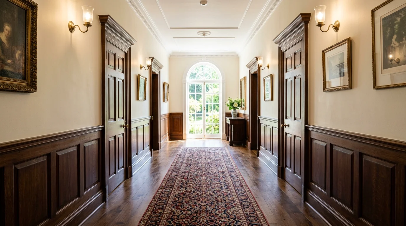A hallway with paneled walls hardwood flooring and a traditional runner rug bright natural daylight classic symmetrical design no people