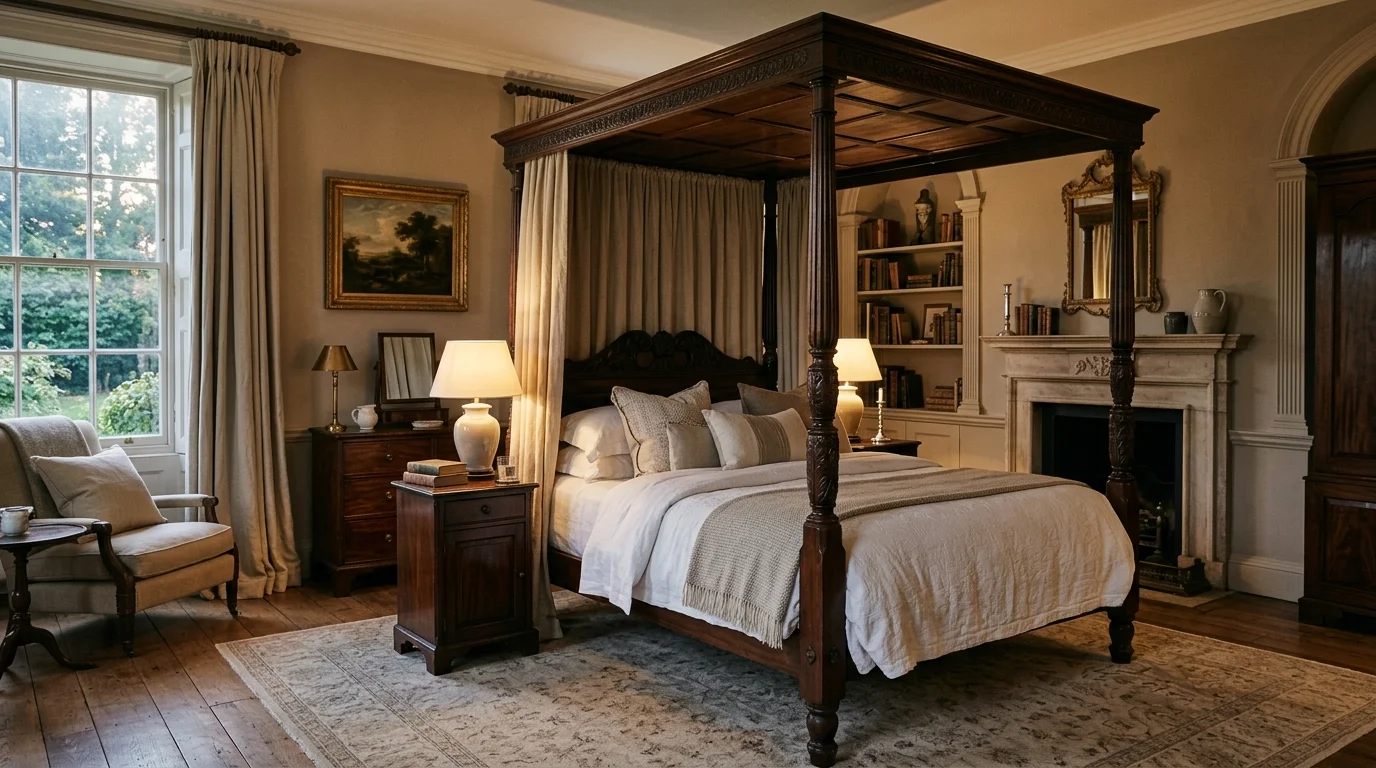 A bedroom with a four poster bed antique furniture and neutral textiles soft warm lighting refined historic elegance no people