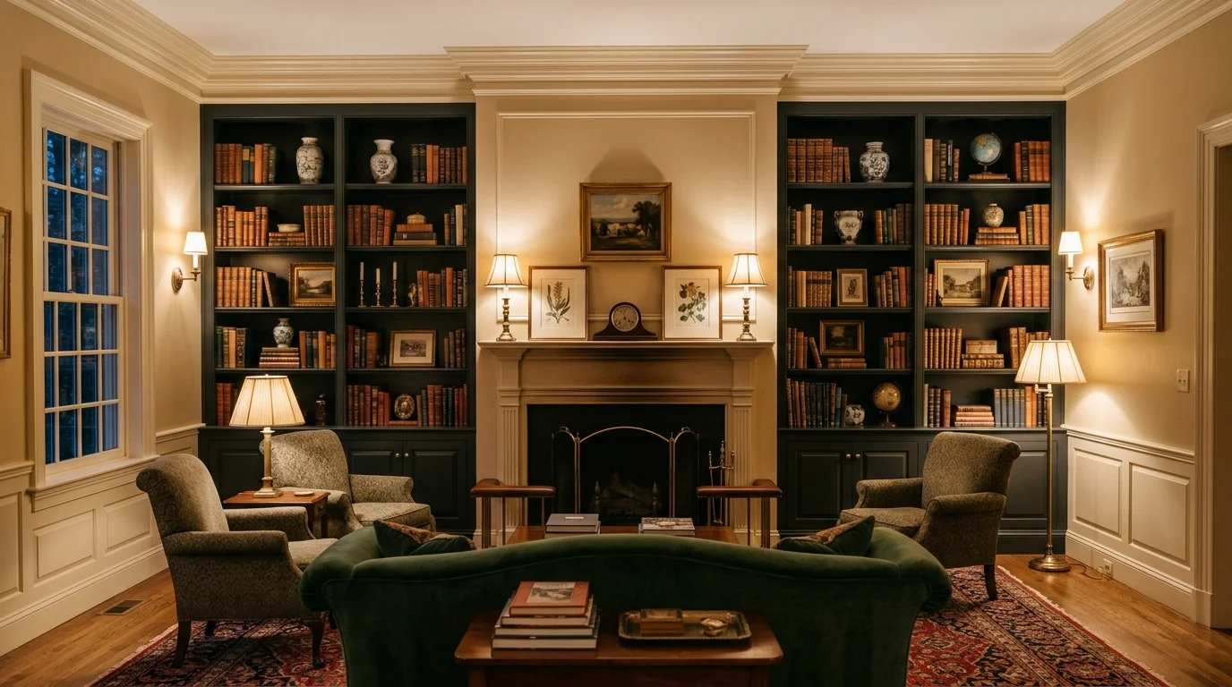 A living room with built in shelves filled with books and decor arranged symmetrically warm ambient lighting classic colonial aesthetic no people