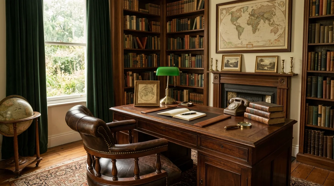 A study room with a wooden desk leather chair and vintage decor pieces soft lighting timeless traditional workspace no people