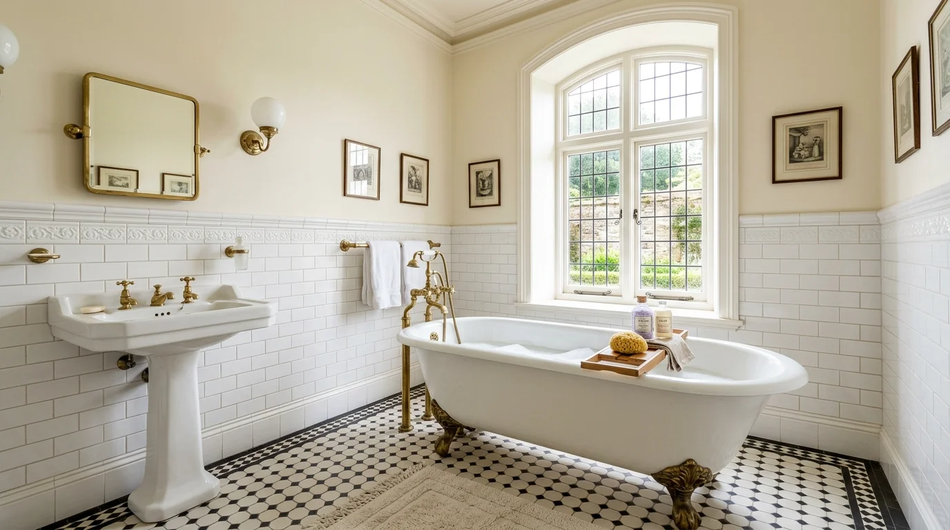 A bathroom with white tiles clawfoot tub and brass fixtures bright lighting elegant historic feel no people