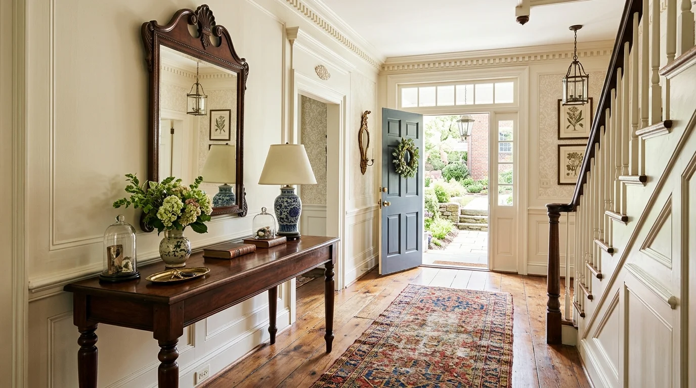 A colonial style entryway with a wooden console table mirror and classic decor bright natural light welcoming traditional space no people