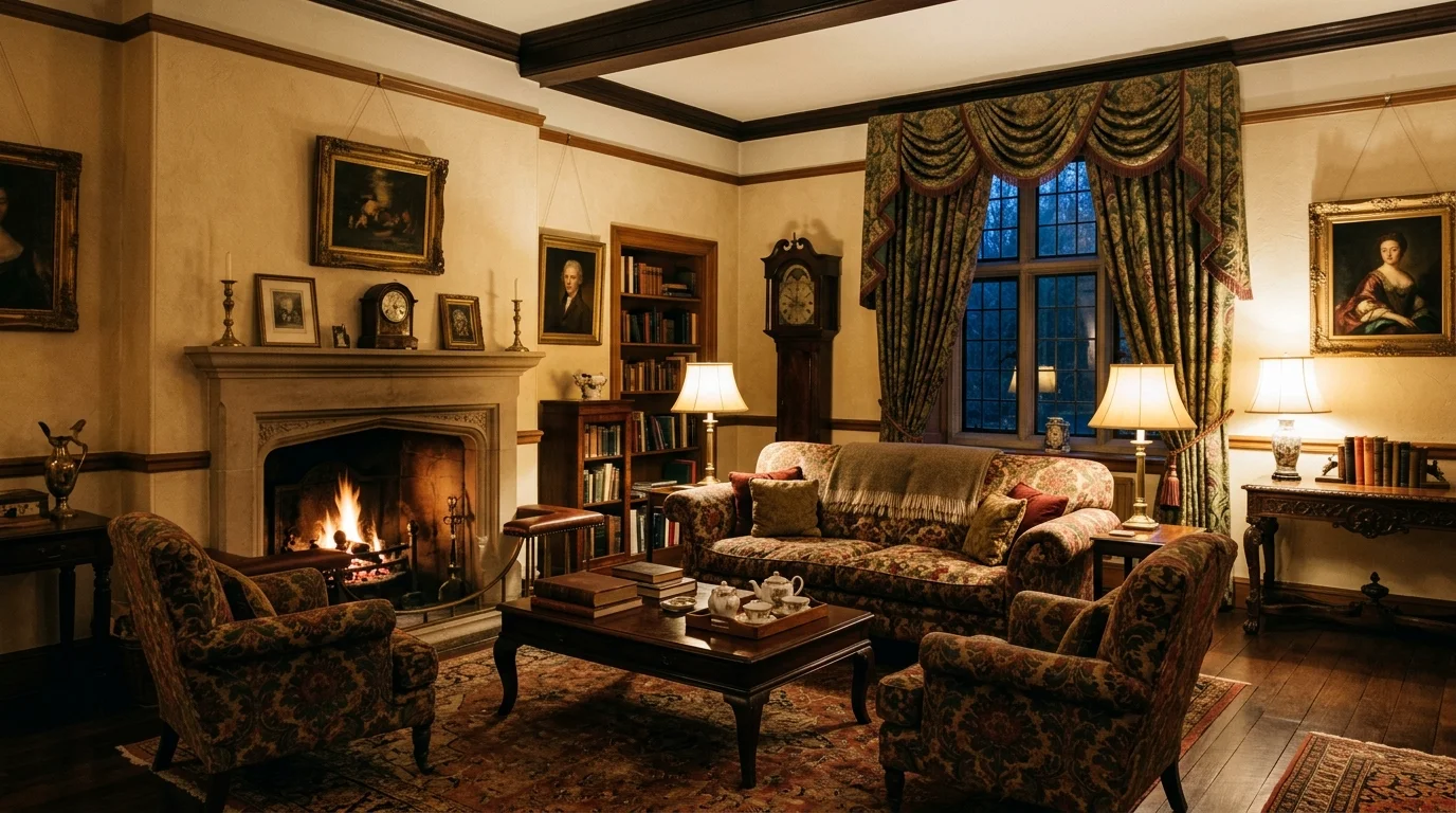 A living room with patterned upholstery traditional drapery and wooden furniture soft lighting cozy historic ambiance no people