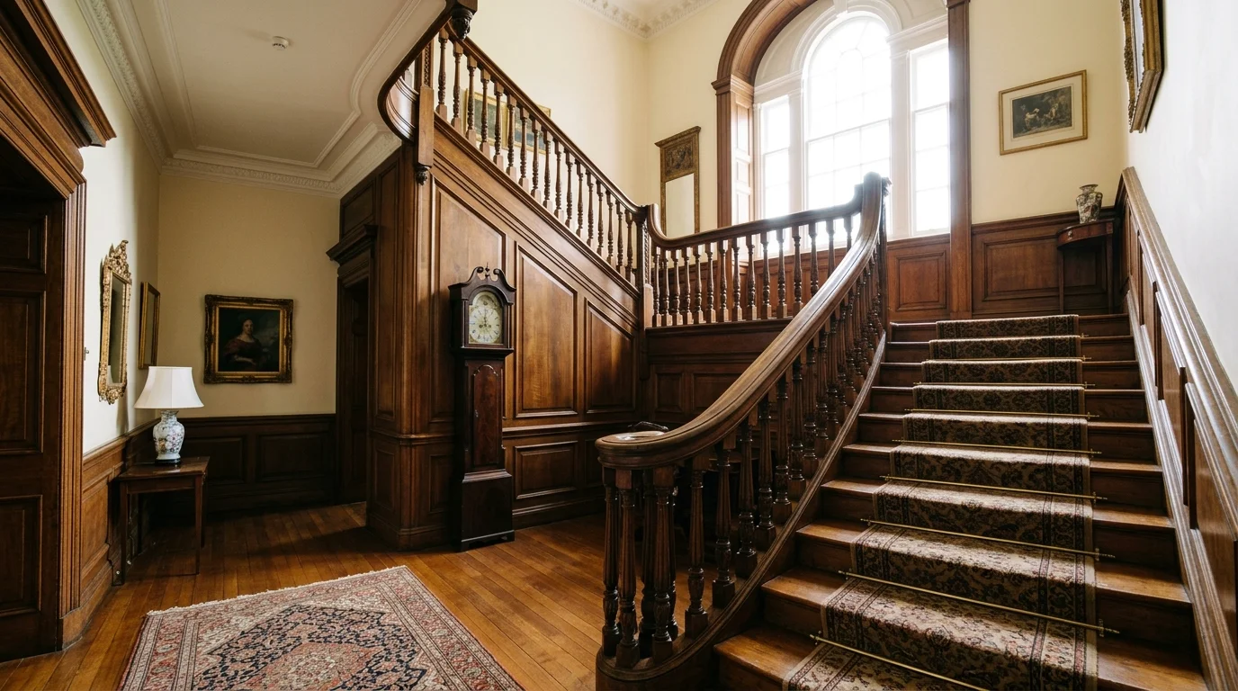 A staircase with wooden banister paneled walls and classic decor bright natural daylight timeless architectural detail no people