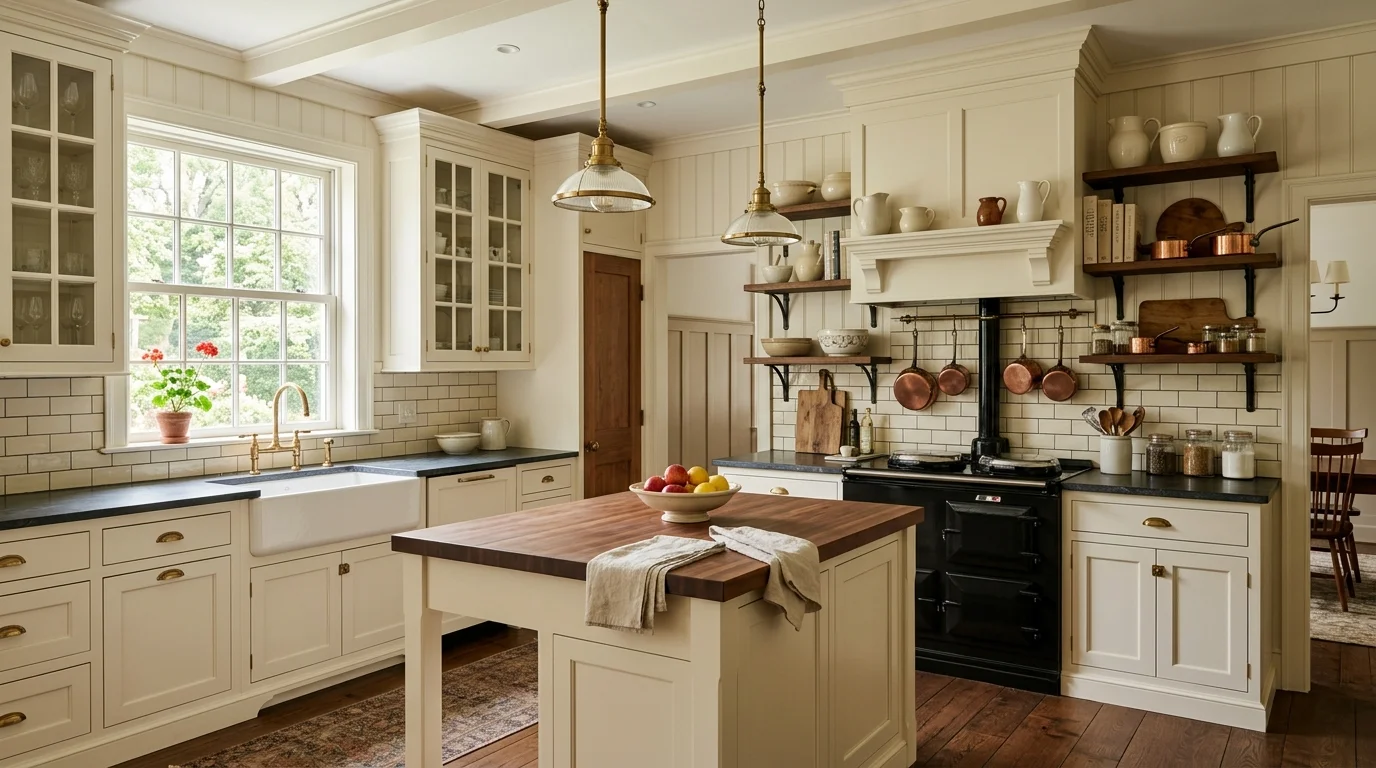 A colonial revival kitchen with open shelving classic cabinetry and subtle decor bright lighting clean traditional design no people