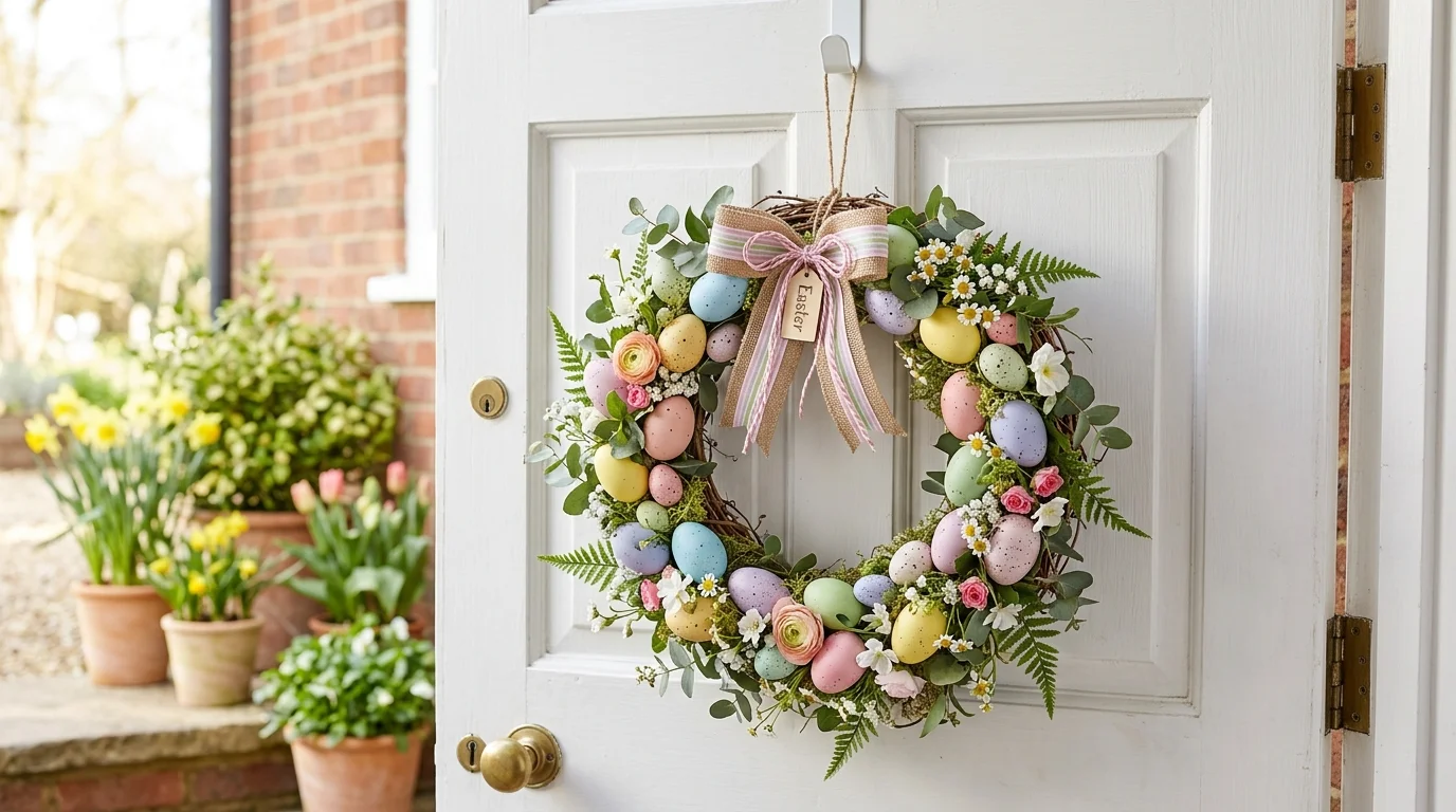 A DIY Easter wreath made of pastel eggs greenery and small flowers hanging on a white wooden door bright natural light fresh welcoming decor no people