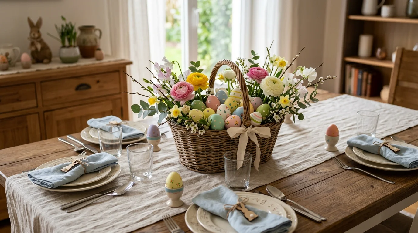 A dining table with a handmade centerpiece featuring a basket filled with painted eggs and fresh flowers soft daylight charming Easter brunch setup no people