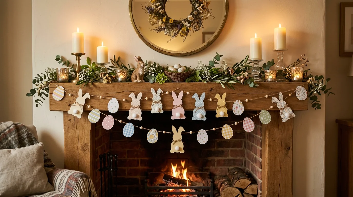 A mantel decorated with DIY garlands of paper bunnies and eggs paired with candles and greenery warm soft lighting cozy festive feel no people