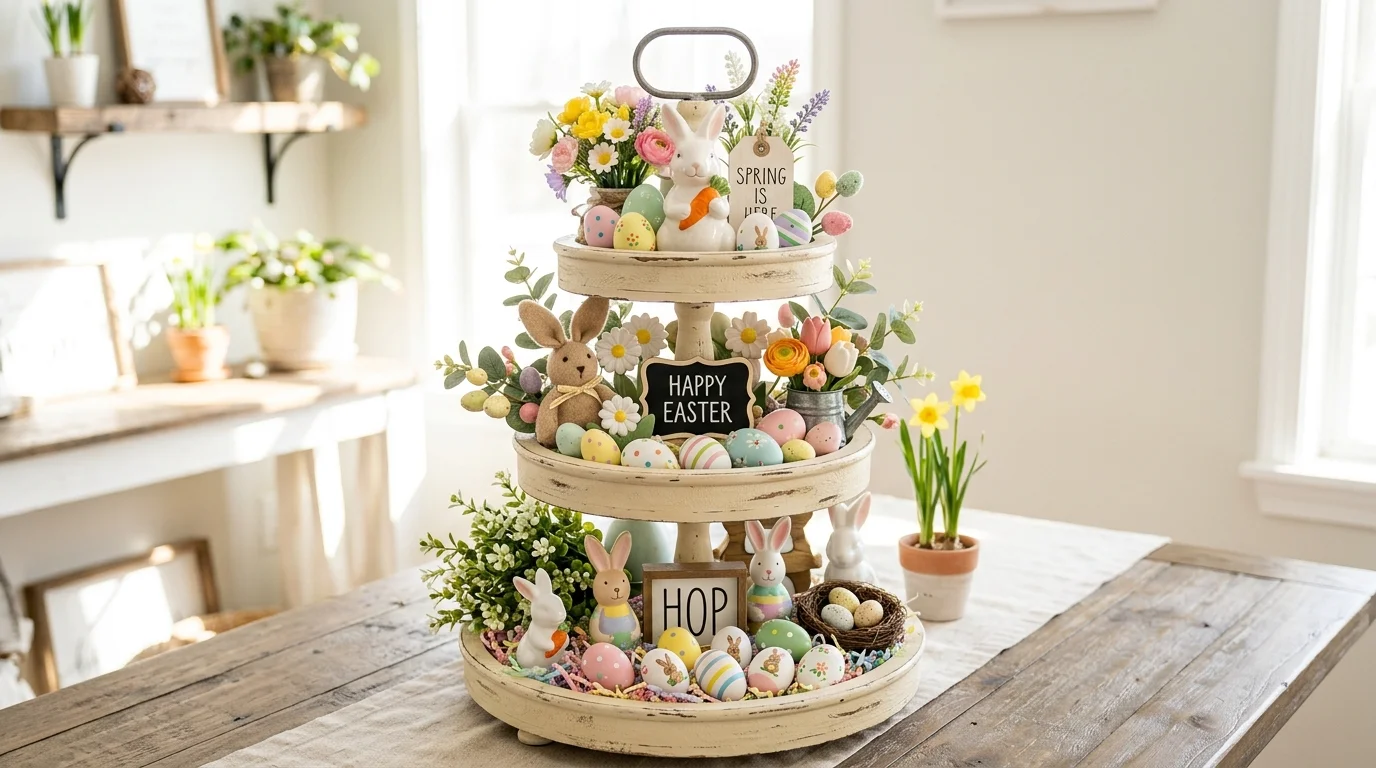 A tiered tray display filled with mini bunny decor painted eggs and small flowers arranged neatly bright lighting cute DIY styling no people