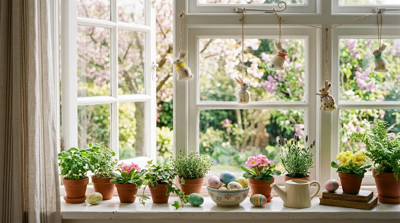 A windowsill decorated with small potted plants painted eggs and hanging bunny ornaments bright natural light fresh spring ambiance no people