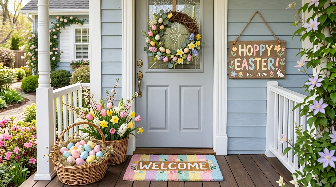 A front porch with a DIY welcome sign pastel doormat and baskets filled with eggs and flowers bright daylight inviting Easter entrance no people