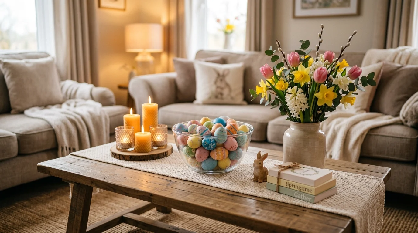 A coffee table styled with a glass bowl filled with colorful Easter eggs surrounded by candles and flowers soft lighting cozy decorative setup no people