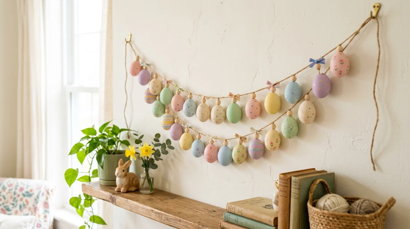 A DIY egg garland made of pastel painted eggs strung across a wall bright lighting playful handmade decor no people